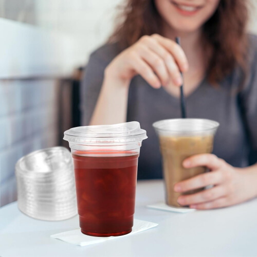 16 oz Plastic Iced Coffee Cups with Strawless Sip Lids, 100 1