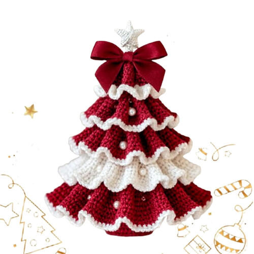 Crochet Kit Christmas Tree Decoration with Bow and Pearl