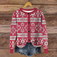 Women's Casual Knit Cardigan Round Neck Long Sleeve Printed