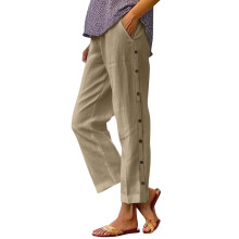 Women's Cotton-Linen Capris Wide Leg Pockets Drawstring