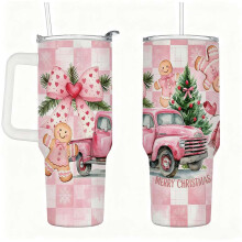 Pink Christmas Truck Tumbler Insulated Cup with Lid and