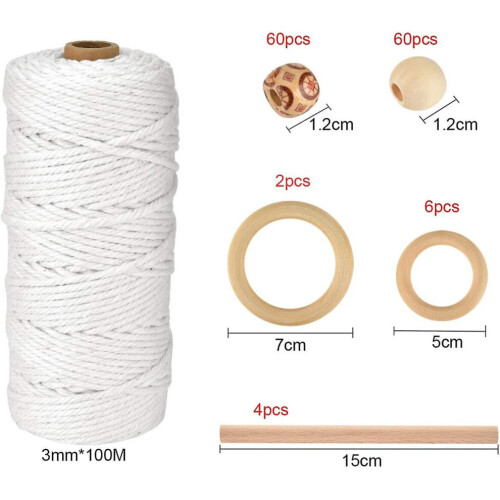 Makramérep - 3mm x 100m bomullsrep med pärlor, ringar, stickpinnar 2