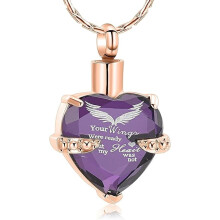 Crystal Heart Cremation Necklace with Angel Wings Pattern