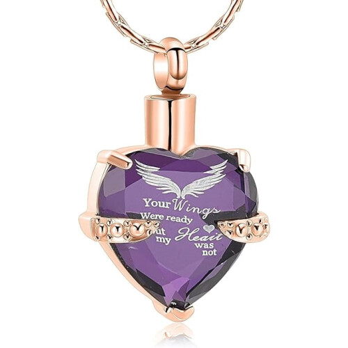 Crystal Heart Cremation Necklace with Angel Wings Pattern
