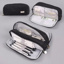 Pencil Case Black Oxford Fabric 3-Compartment Zippered