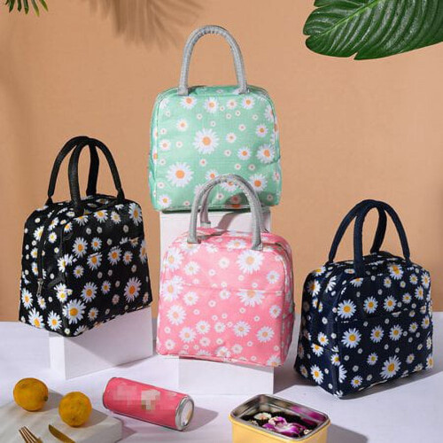 Daisy Printing Portable Lunch Box Bag Green Insulated 2