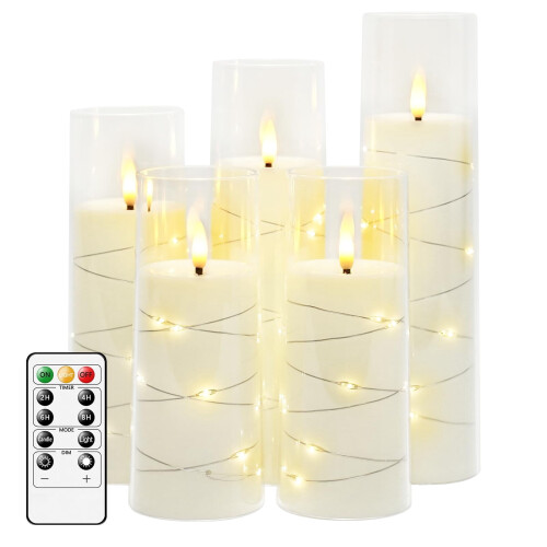 Grey Flameless Candles with Star String and Auto Timer