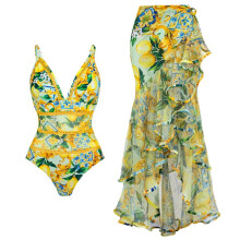 Women's Swimsuit with Flower Print and Wrap Skirt