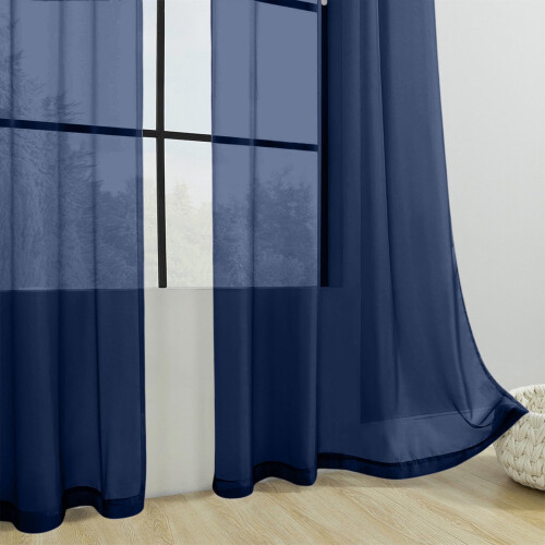 Solid Color Semi-Sheer Polyester Curtains Navy Rod Pocket