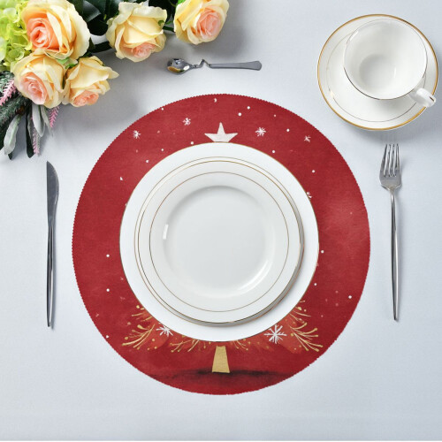 Round Placemat Set Polyester 6 pcs Red Christmas Tree