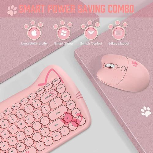 - Cute Cat Pastel Pink Wireless Keyboard And Mouse Set, 84 Keys Retro Typewriter 2