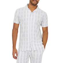 (S, White/Grey) Brave Soul Mens Striped Open Collar Shirt