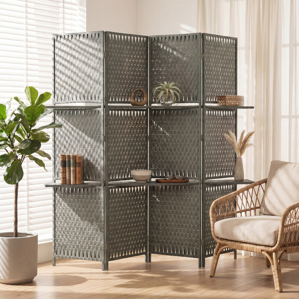 Homcom 4 Panel Folding Room Divider, Privacy Screen With Shelves, Grey