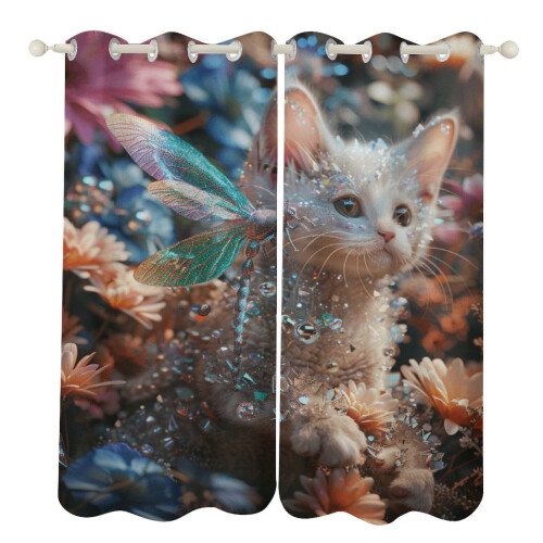 Crystal Cat Blackout Curtains Watercolor Pattern Grommet