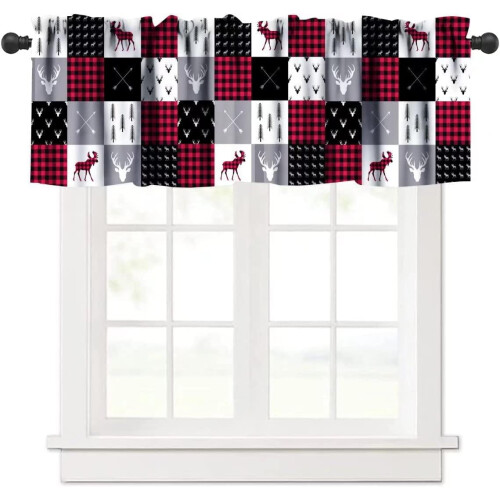 Plaid Valance with Moose Deer Buffalo Pattern Vintage Pine