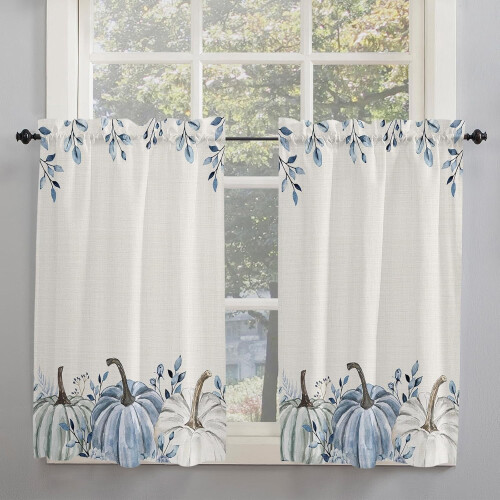 Thanksgiving Kitchen Curtains Blue White Pumpkin Eucalyptus 1