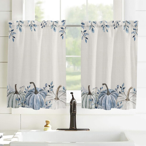 Thanksgiving Kitchen Curtains Blue White Pumpkin Eucalyptus 2