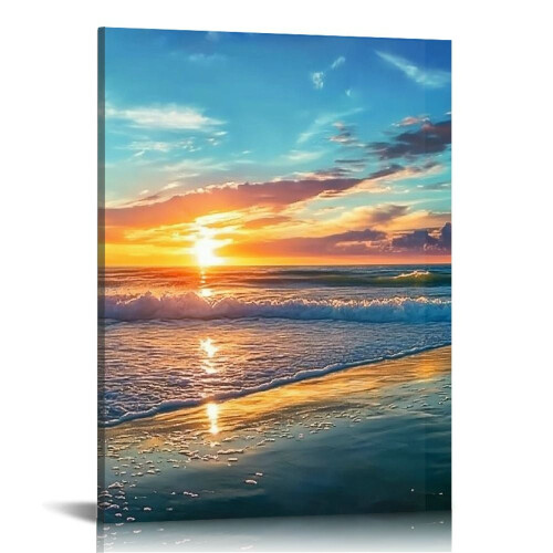 Orange Sunset Ocean Canvas Wall Art 12x16 in