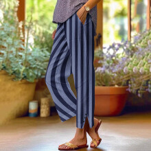 Women's striped print pants elastic waist straight leg with