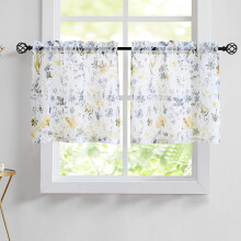 Floral Yellow Grey Sheer Kitchen Curtains Linen Texture