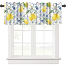 Vintage Lemon Valance Curtain Watercolor Yellow Lemons Blue