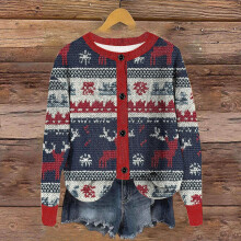 Women's Casual Knit Cardigan Round Neck Long Sleeve Printed