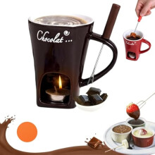 Ceramic Chocolate Fondue Cup with Forks Brown