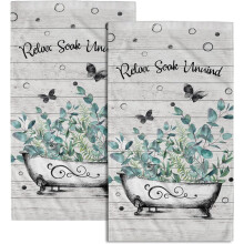 Hand Towel Set Green Leaves 2 Pack Absorbent Soft