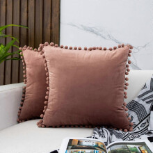 (As show, One size) Housses de coussin décoratives avec pompons doux et dentelle, lot de 2 taies d'oreiller en velours pour