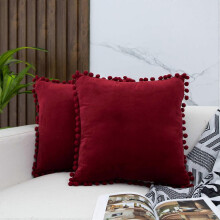 (As show, One size) Housses de coussin en velours avec pompons décoratifs, lot de 2, 45 x 45 cm, bordeaux, pour canapé ou