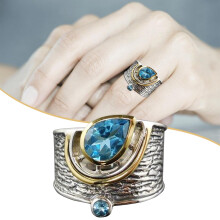 Women's Two-Tone 925 Silver Aquamarine Ring Size 6-10