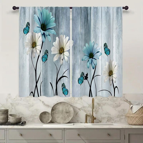 Teal Aqua Daisy Kitchen Curtains 27.5x39 Inch 2-Panel Rod