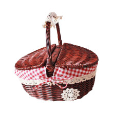 Vintage Wicker Picnic Basket with Liner and Wooden Lid