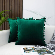 (As show, One size) Housses de coussin décoratives en velours vert foncé, ornées de pompons, lot de 2, pour canapé ou lit,