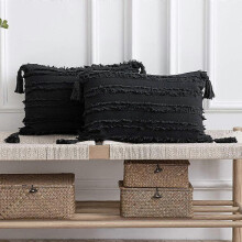 (As show, One size) Housses de coussin noires : lot de 2, 30 x 50 cm, rayures bohèmes, en coton et lin, style rectangulaire,