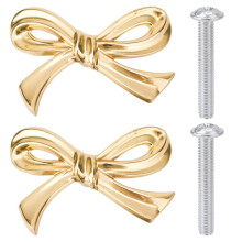 2pcs Gold Brass Bow Dresser Knobs, Vintage Bow Shape Drawer Pull Handles for Cabinet, Wardrobe, Kitchen