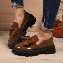 Women's Patent Leather Loafers with Bow Detail and Thick
