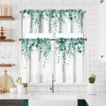 Green Leaves Kitchen Curtains and Valance Set 2-Piece