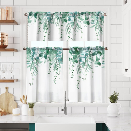 Green Leaves Kitchen Curtains and Valance Set 2-Piece