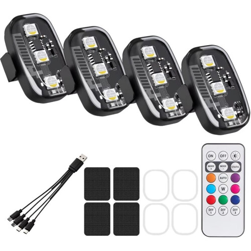 Motorcycle RGB LED Strobe Lights with Remote Control LED Flash Wireless Light Warning Lights for Car Bicycle 4 Lights