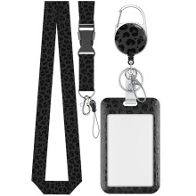 Porta Crachá Deslizante Fashion Preto com Estampa de Leopardo, com Clipe de Carabina Retrátil e Alça Destacável
