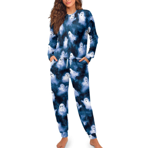 Halloween Pajamas Set Ghost Print Soft 2-Piece Long Sleeve 2