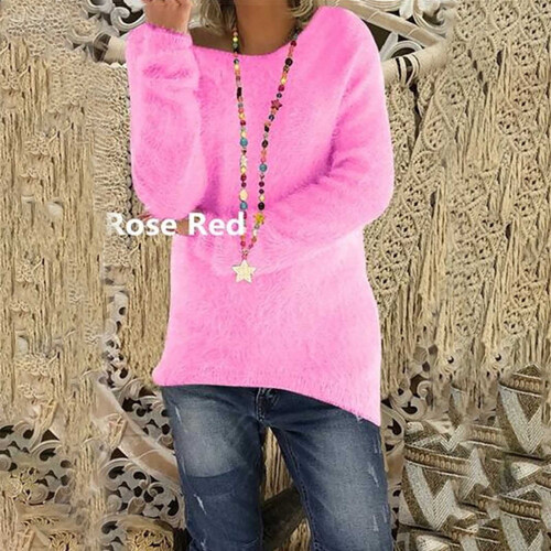 Women's fluffy fuzzy sweater solid color long sleeve round 1