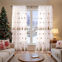 Embroidered Christmas Sheer Curtains Red Gold Green Tree