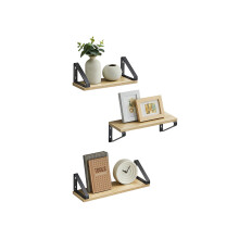 Set of 3 Floating Wall Shelves - Wood and Metal - Golden Oak and Matte Black - Dual Mounting Options