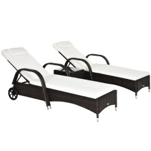 3 Pieces PE Rattan Patio Lounge Chair Set, Wheels, Cushions, Headrest, Coffee Table for Garden, Poolside, Brown