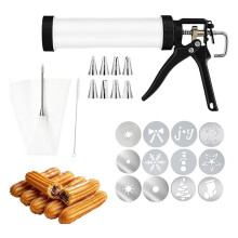 Churros Biscuit Press, Stainless Steel Churro Maker with 9 Nozzles, 12 Discs & Cake Decorating Set for Home Baking