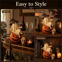 Wine Night Halloween Decor, Spooky Witch Figurine Sitting  Pumpkin with Wine Glass, for Home Party Decor Gift