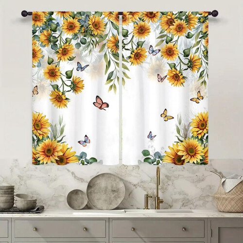 Yellow Sunflower Kitchen Curtains 27.5x39 in 2-Panel Rod