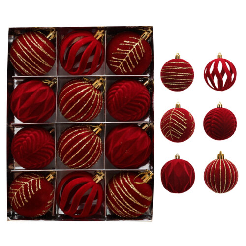 Red Flocked Christmas Ball Ornaments 12 pcs